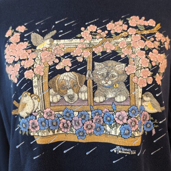Vintage Morning Sun Unisex Size L Kitty Dog Cherry Blossoms Mock Sweatshirt Top - Picture 4 of 11